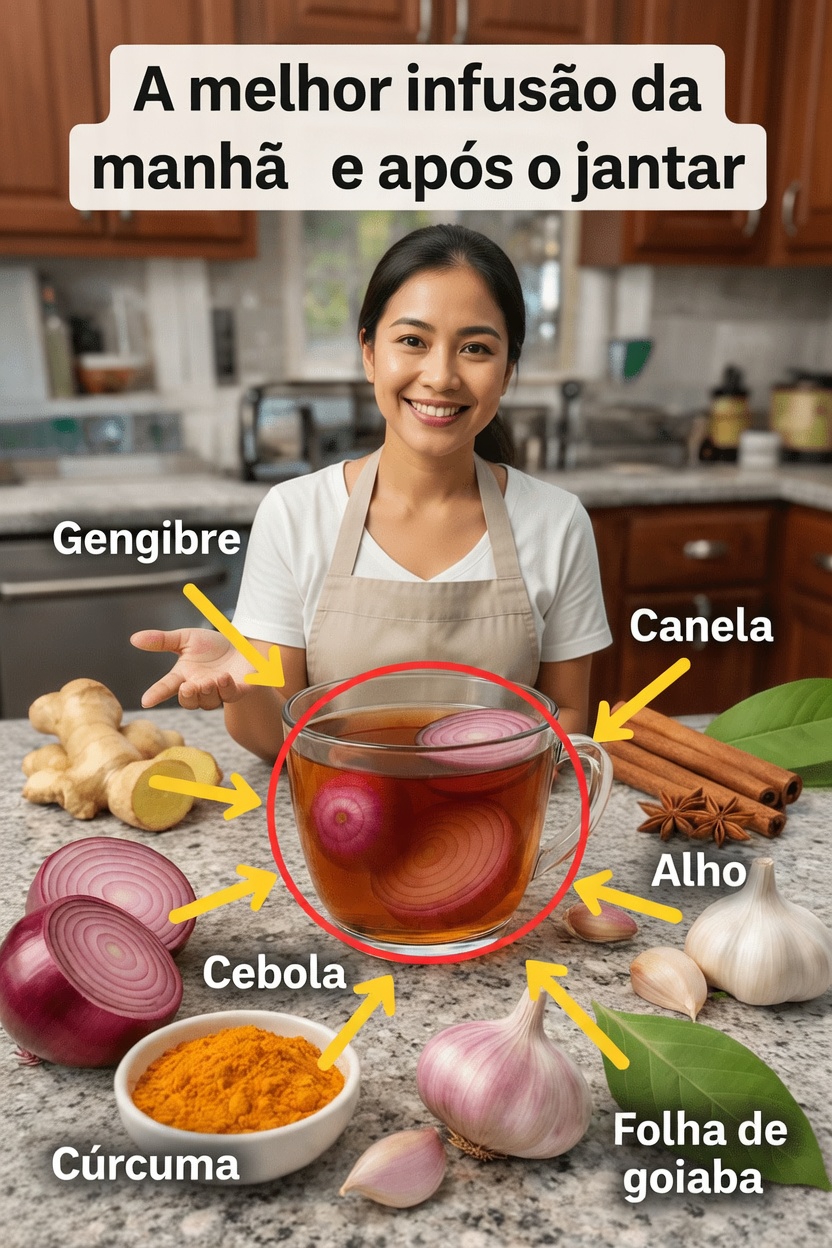 Receita de Chá para a Manhã e para Depois do Jantar com Gengibre, Cúrcuma, Cebola, Alho, Canela e Folha de Goiaba