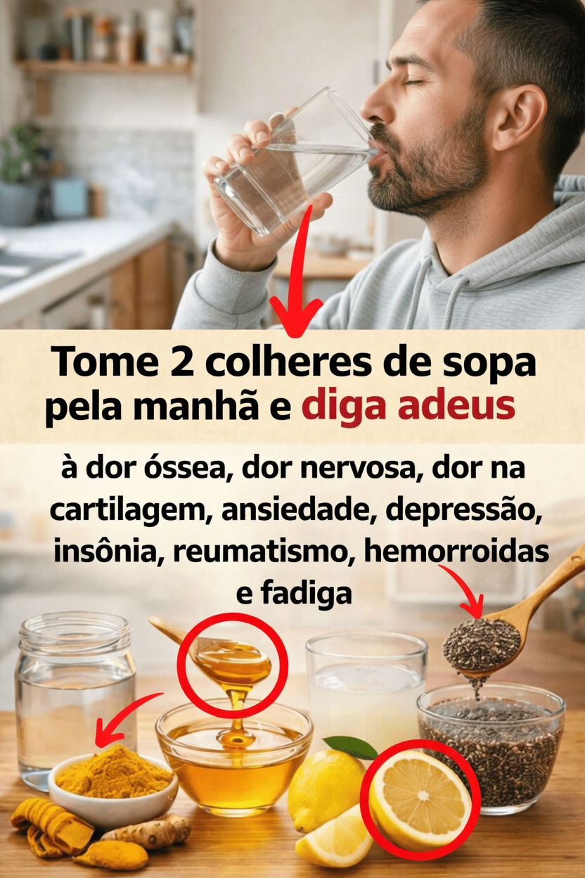 Descubra esta popular mistura matinal com duas colheres de sopa de cúrcuma, gengibre, limão, mel e sementes de chia