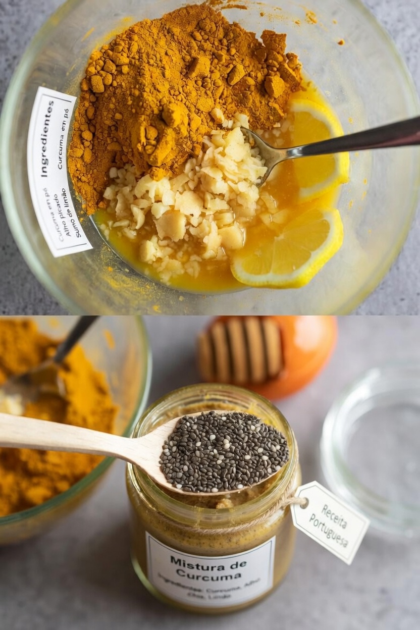 Descubra esta popular mistura matinal com duas colheres de sopa de cúrcuma, gengibre, limão, mel e sementes de chia