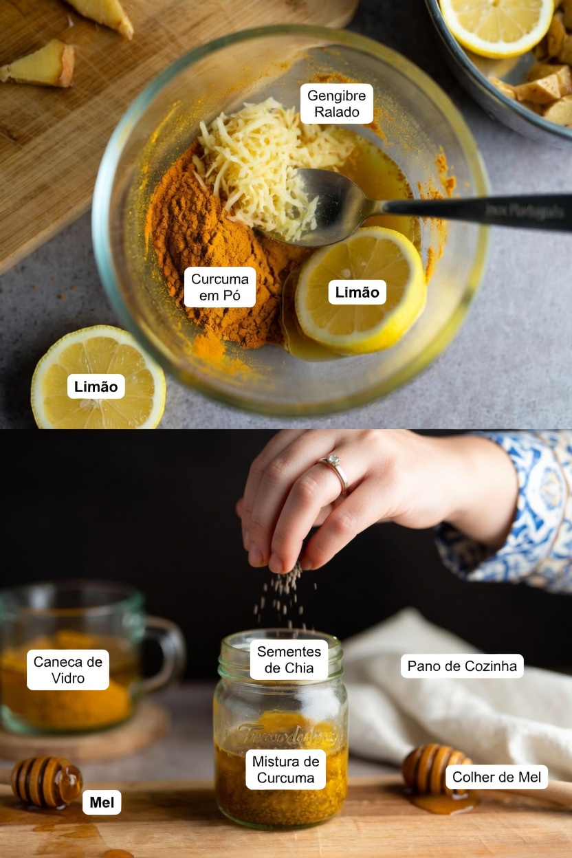 Descubra esta popular mistura matinal com duas colheres de sopa de cúrcuma, gengibre, limão, mel e sementes de chia