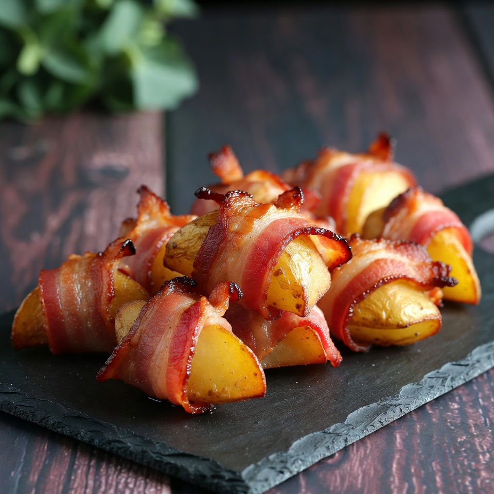 Bolinhos de batata enrolados em bacon crocante