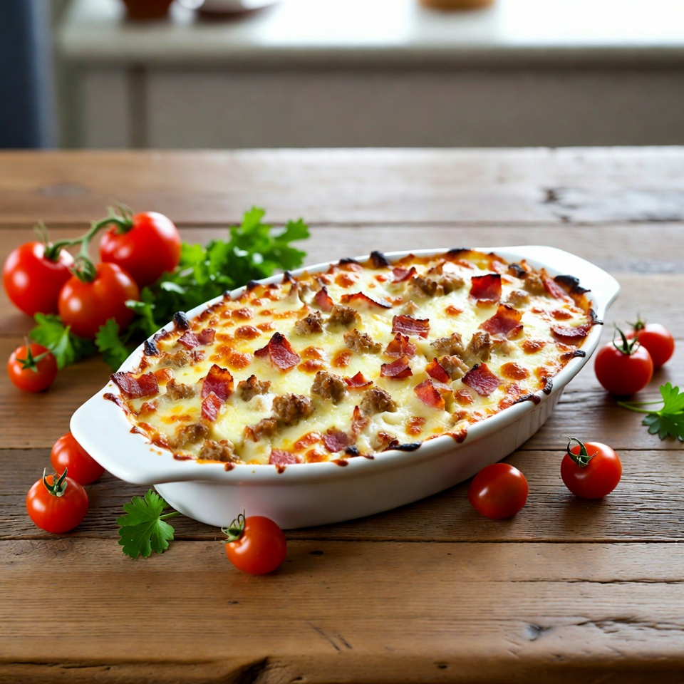 Assado de queijo, bacon e linguiça para o café da manhã