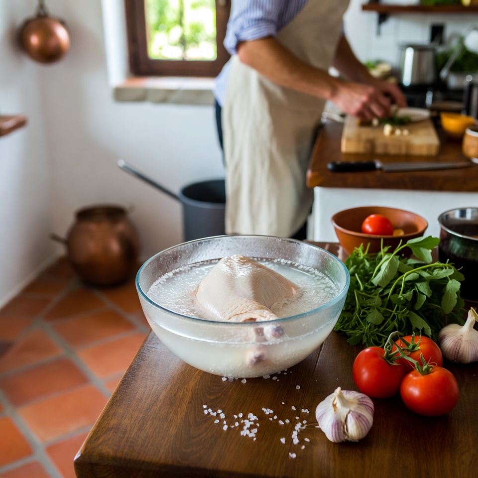 Eu sempre deixo o frango comprado no supermercado de molho em água com sal. Eu não sabia disso antes.
